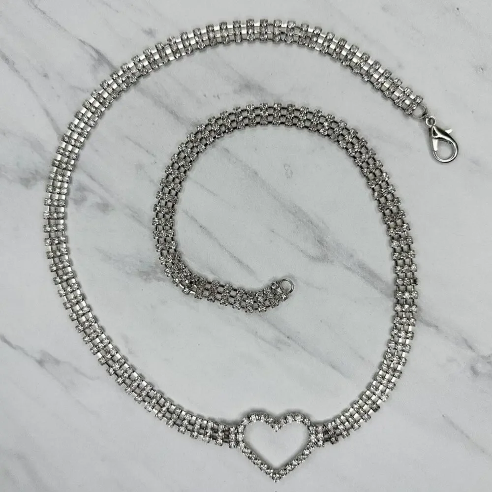 Womens Rhinestone Heart Silver Tone Multi Row Chain Link Belt Small S ✨